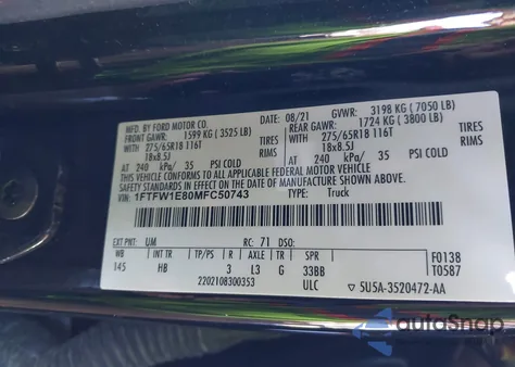 2021 Ford F-150 Lariat из США, поврежденный, VIN 1FTFW1E80MFC50743